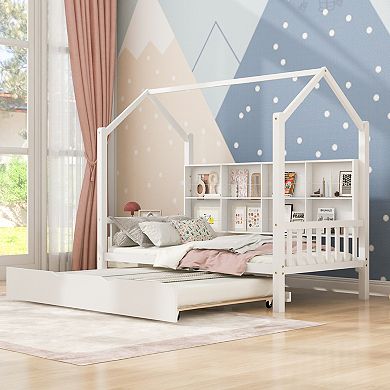 GOODSILO Twin Size Playhouse Style Bed with Storage Shelf and Trundle