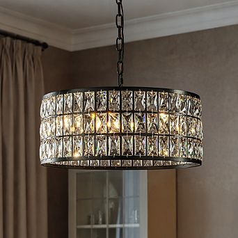20'' Modern Crystal Chandelier Matte Black Finish 6-Light Round Drum Pendant Light Fixture