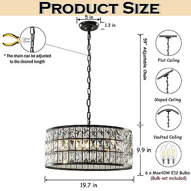 20'' Modern Crystal Chandelier Matte Black Finish 6-Light Round Drum Pendant Light Fixture