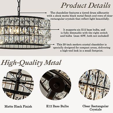 20'' Modern Crystal Chandelier Matte Black Finish 6-Light Round Drum Pendant Light Fixture
