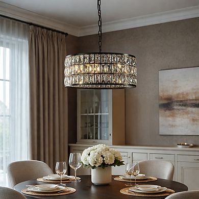 20'' Modern Crystal Chandelier Matte Black Finish 6-Light Round Drum Pendant Light Fixture