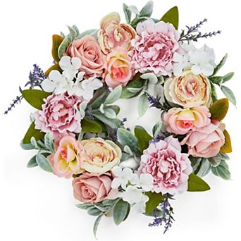 20" Artificial Spring Wreath for Front Door,Pink Peony，Lavender Floral Wreath with Roses,Hydrangeas