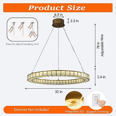 32'' Modern Halo Round Art Glass Integrated Led Chandelier Brass Art Deco Led Ceiling Light