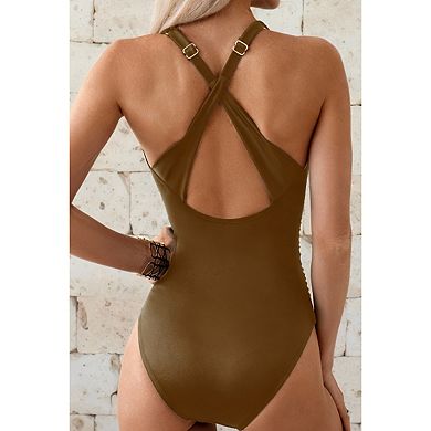 Women's Halter One Piece Swimsuit V-Neck Ruched Tummy Control Crisscross Back Bathing Suit