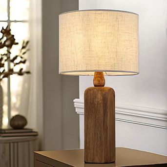 22''Farmhouse Traditional Natural Solid Wood Table Lamp with Beige Fabri Drum Shade