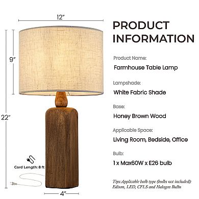 22''Farmhouse Traditional Natural Solid Wood Table Lamp with Beige Fabri Drum Shade