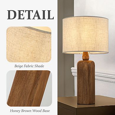 22''Farmhouse Traditional Natural Solid Wood Table Lamp with Beige Fabri Drum Shade