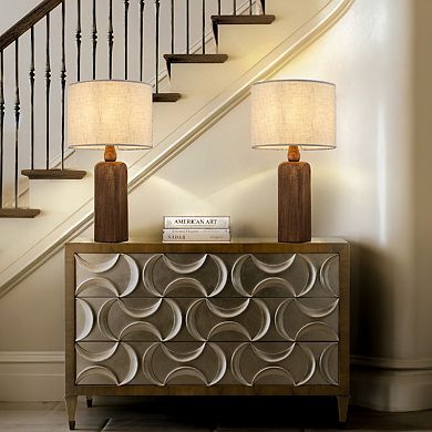 22''Farmhouse Traditional Natural Solid Wood Table Lamp with Beige Fabri Drum Shade