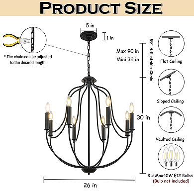 26'' 8-Light Modern Matt Black Classic Candelabra Chandelier Farmhouse Candle Pendant Light