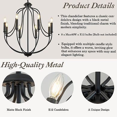 26'' 8-Light Modern Matt Black Classic Candelabra Chandelier Farmhouse Candle Pendant Light
