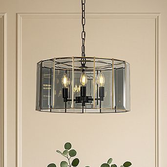 5-Light 20'' Modern Smoked Glass Drum Brass Chandelier Dimmable and Ajustable For Dining Room