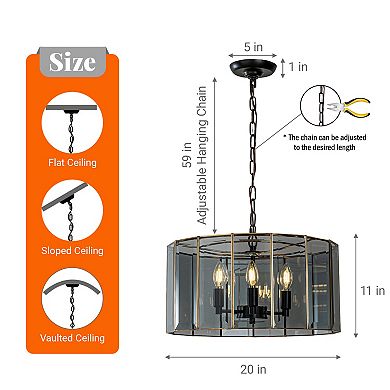 5-Light 20'' Modern Smoked Glass Drum Brass Chandelier Dimmable and Ajustable For Dining Room