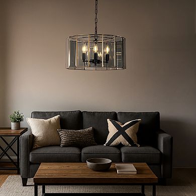 5-Light 20'' Modern Smoked Glass Drum Brass Chandelier Dimmable and Ajustable For Dining Room