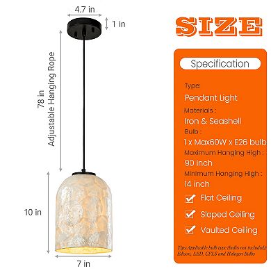 1-Light 7'' Modern Farmhouse Natural Capiz Seashell Single Pendant Light Coastal Cylinder