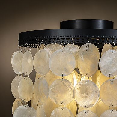 3-Light 13" Indoor Capiz Shell Matt Black Flush Mount Coastal decor Ceiling Lights