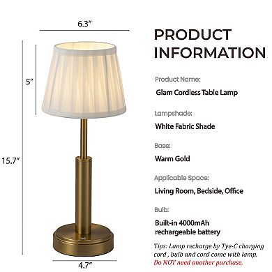 16'' Vintage Fabric Shade Rechargeable LED Table Lamp Touch Control Cordless USB Nightstand Lamp