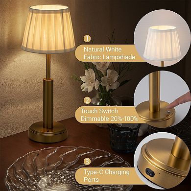 16'' Vintage Fabric Shade Rechargeable LED Table Lamp Touch Control Cordless USB Nightstand Lamp
