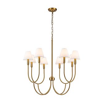 8-Light 32-Inch Mid-century Modern Satin Brass Large Chandelier with White Linen Fabric Shades