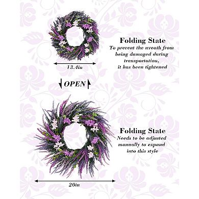 20 Inch Artificial Purple Lavender Wreath, Wildflower Floral Wreath for Front Door, Spring Decor