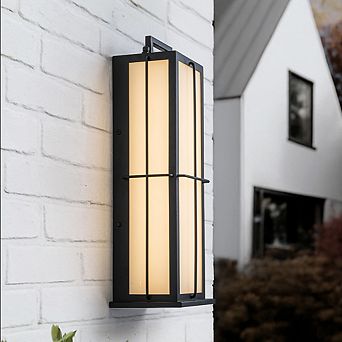 16 in Black Outdoor Integrated 16W LED Wall Lantern with Frosted Panels and Dusk-to-Dawn Sensor