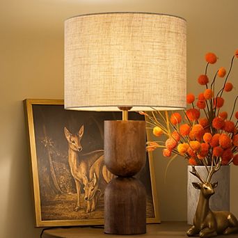 24'' Japandi Honey Brown Wood Base Bedside Table Lamp Modern Classic Nightstand Lamp