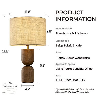 24'' Japandi Honey Brown Wood Base Bedside Table Lamp Modern Classic Nightstand Lamp