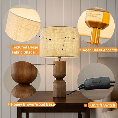 24'' Japandi Honey Brown Wood Base Bedside Table Lamp Modern Classic Nightstand Lamp