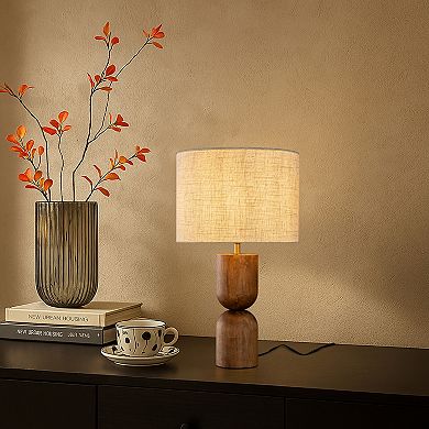 24'' Japandi Honey Brown Wood Base Bedside Table Lamp Modern Classic Nightstand Lamp