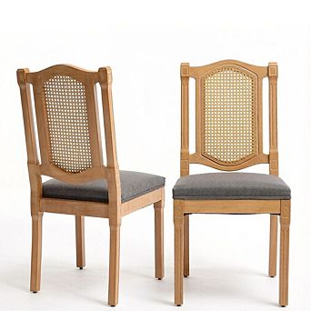 GOODSILO Solid Wood Rattan Back Dining Chair Set with Linen Cushion