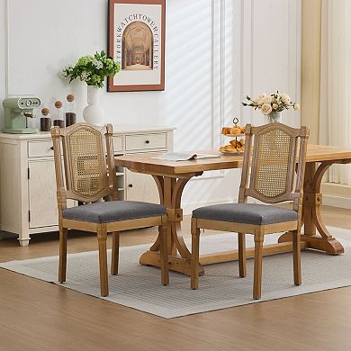 GOODSILO Solid Wood Rattan Back Dining Chair Set with Linen Cushion