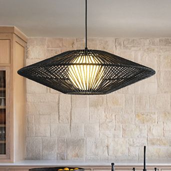 1-Light 23'' Modern Black Hand-Woven Rattan Chandelier Bubble Trasitional Natura Pendant Light
