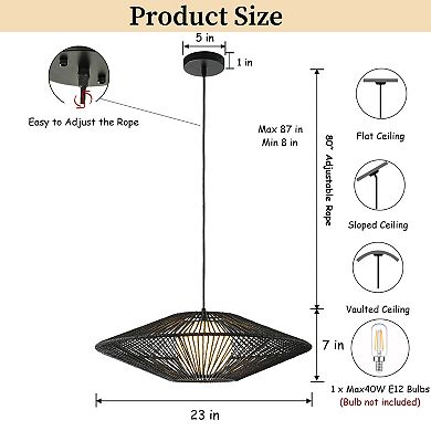 1-Light 23'' Modern Black Hand-Woven Rattan Chandelier Bubble Trasitional Natura Pendant Light