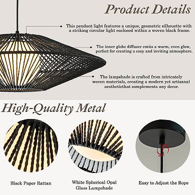 1-Light 23'' Modern Black Hand-Woven Rattan Chandelier Bubble Trasitional Natura Pendant Light