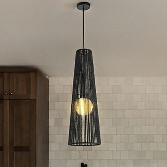 1-Light Modern Black Hand-Woven Rattan Staircase Chandelier Bubble Natural Long Pendant Light High