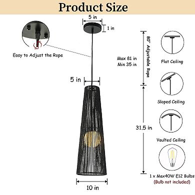 1-Light Modern Black Hand-Woven Rattan Staircase Chandelier Bubble Natural Long Pendant Light High