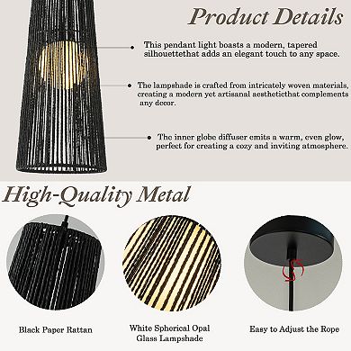 1-Light Modern Black Hand-Woven Rattan Staircase Chandelier Bubble Natural Long Pendant Light High