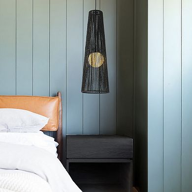 1-Light Modern Black Hand-Woven Rattan Staircase Chandelier Bubble Natural Long Pendant Light High