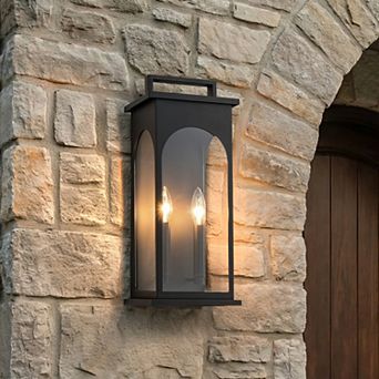 2-Light H19” Outdoor Wall Lantern Large Black Exterior Wall Light with Clear Tempered Glass