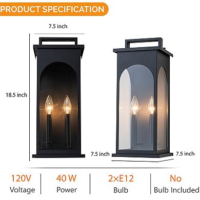2-Light H19” Outdoor Wall Lantern Large Black Exterior Wall Light with Clear Tempered Glass
