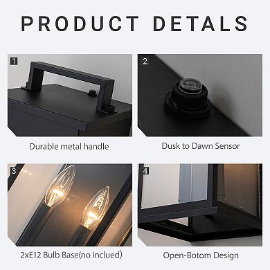 2-Light H19” Outdoor Wall Lantern Large Black Exterior Wall Light with Clear Tempered Glass