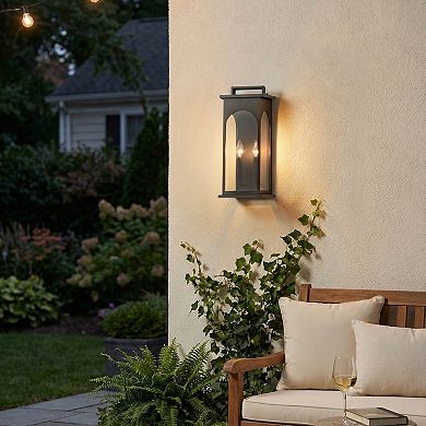2-Light H19” Outdoor Wall Lantern Large Black Exterior Wall Light with Clear Tempered Glass
