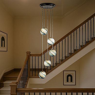 12'' 5-Light Modern Glazed Glass Globe Staircase Chandelier Coastal Handcrafted Glass Pendant