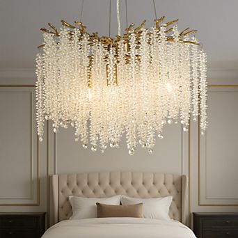 20'' Modern Glam Crystal Chandelier Antique Brass Branch Style 4-Light Pendant Ceiling Light