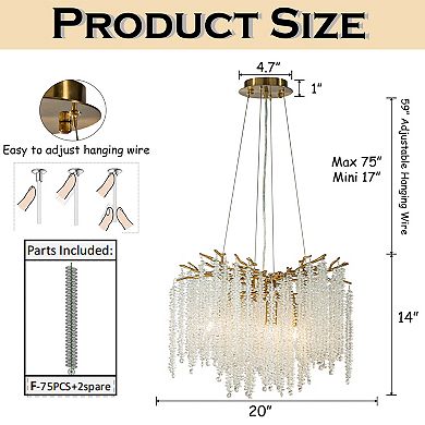20'' Modern Glam Crystal Chandelier Antique Brass Branch Style 4-Light Pendant Ceiling Light