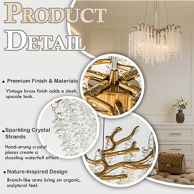 20'' Modern Glam Crystal Chandelier Antique Brass Branch Style 4-Light Pendant Ceiling Light