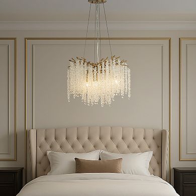 20'' Modern Glam Crystal Chandelier Antique Brass Branch Style 4-Light Pendant Ceiling Light