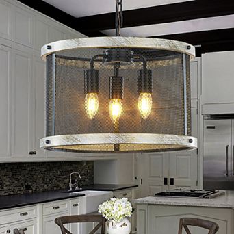 3-Light 16" Black Mesh And Weathered White Wood Frame Rustic Farmhouse Drum Chandelier Pendant