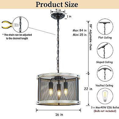3-Light 16" Black Mesh And Weathered White Wood Frame Rustic Farmhouse Drum Chandelier Pendant