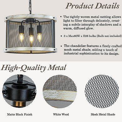 3-Light 16" Black Mesh And Weathered White Wood Frame Rustic Farmhouse Drum Chandelier Pendant