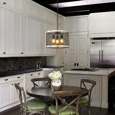 3-Light 16" Black Mesh And Weathered White Wood Frame Rustic Farmhouse Drum Chandelier Pendant